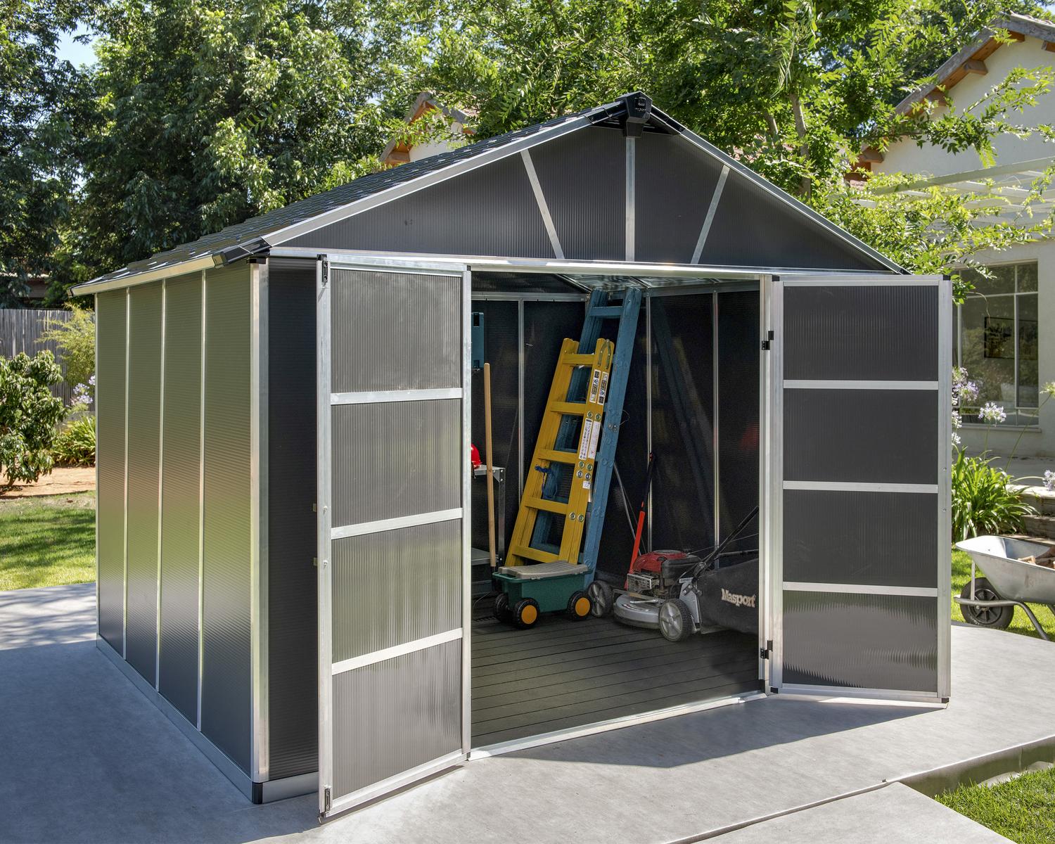 Yukon 11 ft. x 9 ft. Outdoor Plastic Shed with Open Doors Dark Grey Polycarbonate Multiwall and Aluminium Frame