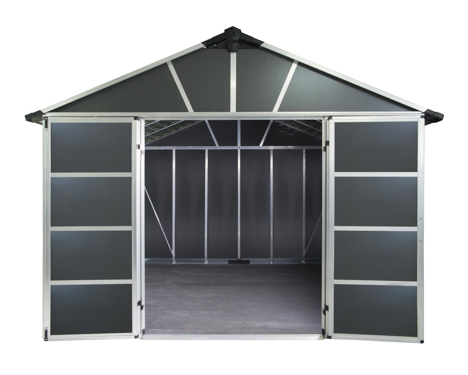 Large Plastic Storage Shed With Floor, Yukon 11 ft. x 9 ft. Dark Grey Polycarbonate Panels And Aluminium Frame
