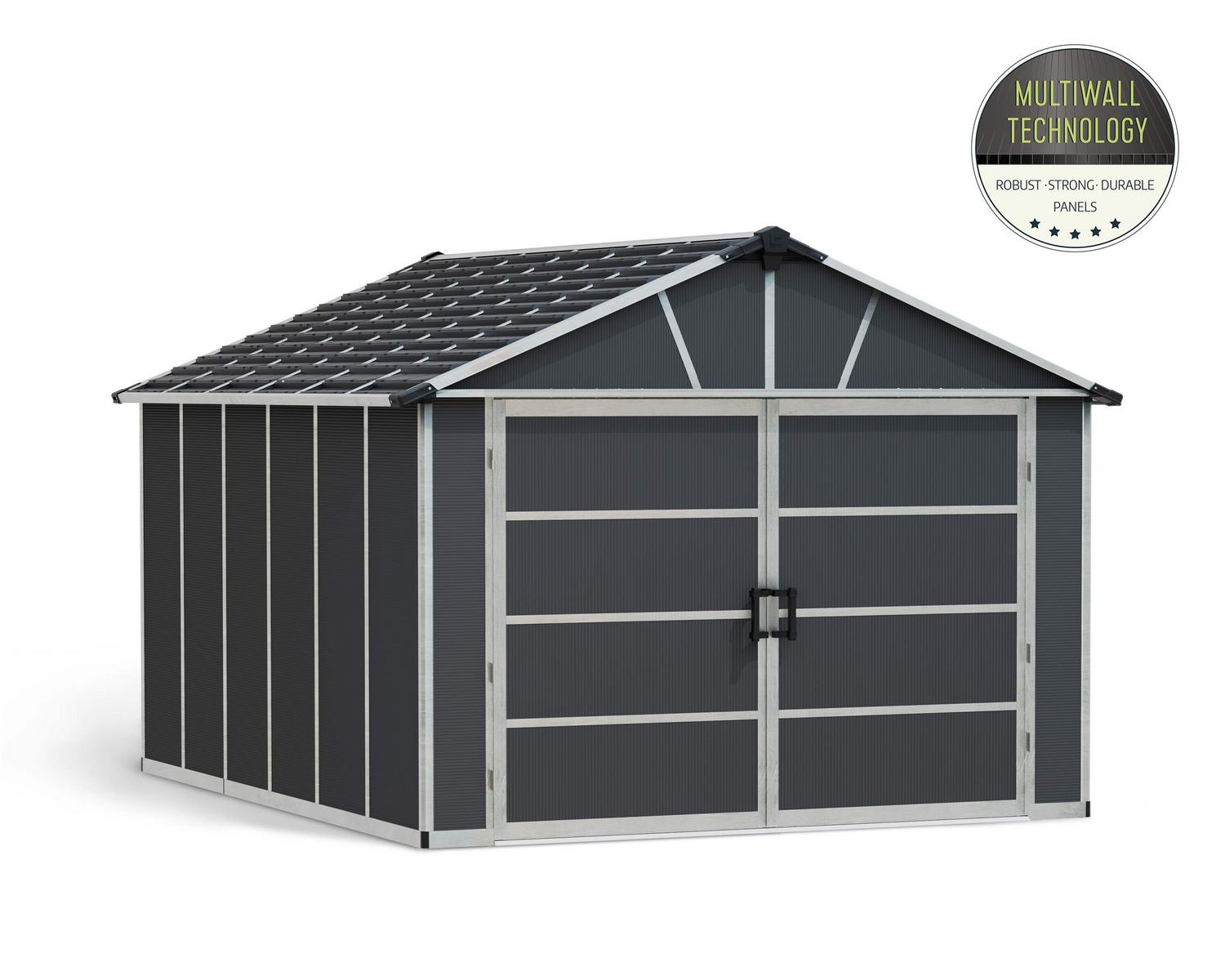 Plastic Garage Shed with Double Door Yukon 11 ft. x 13 ft. Dark Grey Polycarbonate Multiwall and Aluminum Frame