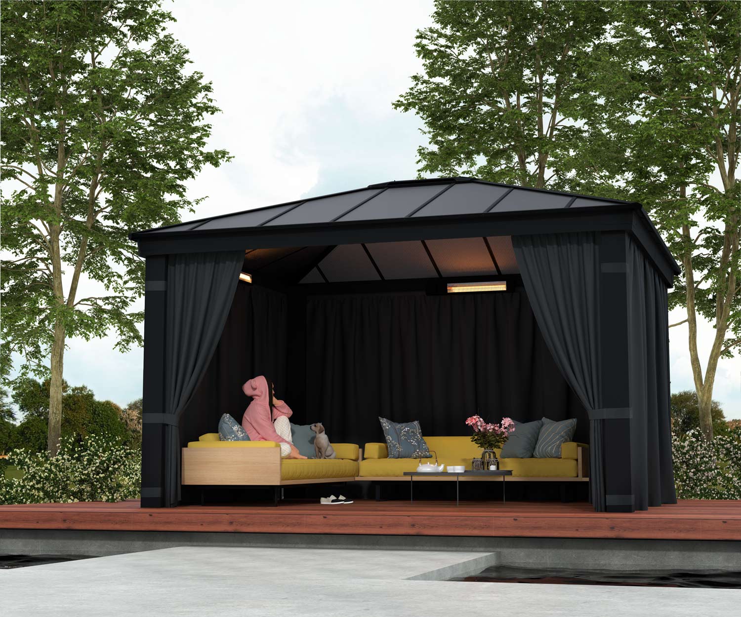 Dallas 12ft x 14ft Grey Twinwall Aluminum Gazebo with curtains, sofa, and a white dog on a deck surrounded by flowers