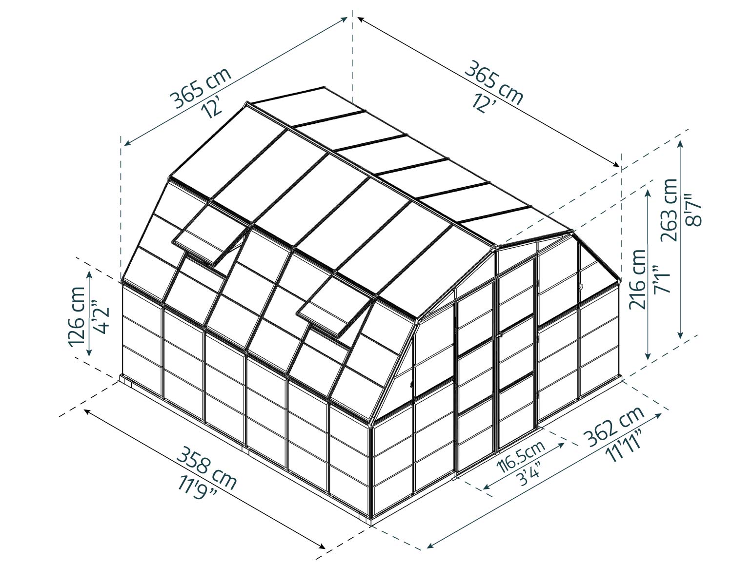 Americana 12ft x 12ft silver greenhouse with an aluminum frame, clear polycarbonate panels, and plants on a wooden base in a lush garden sketch