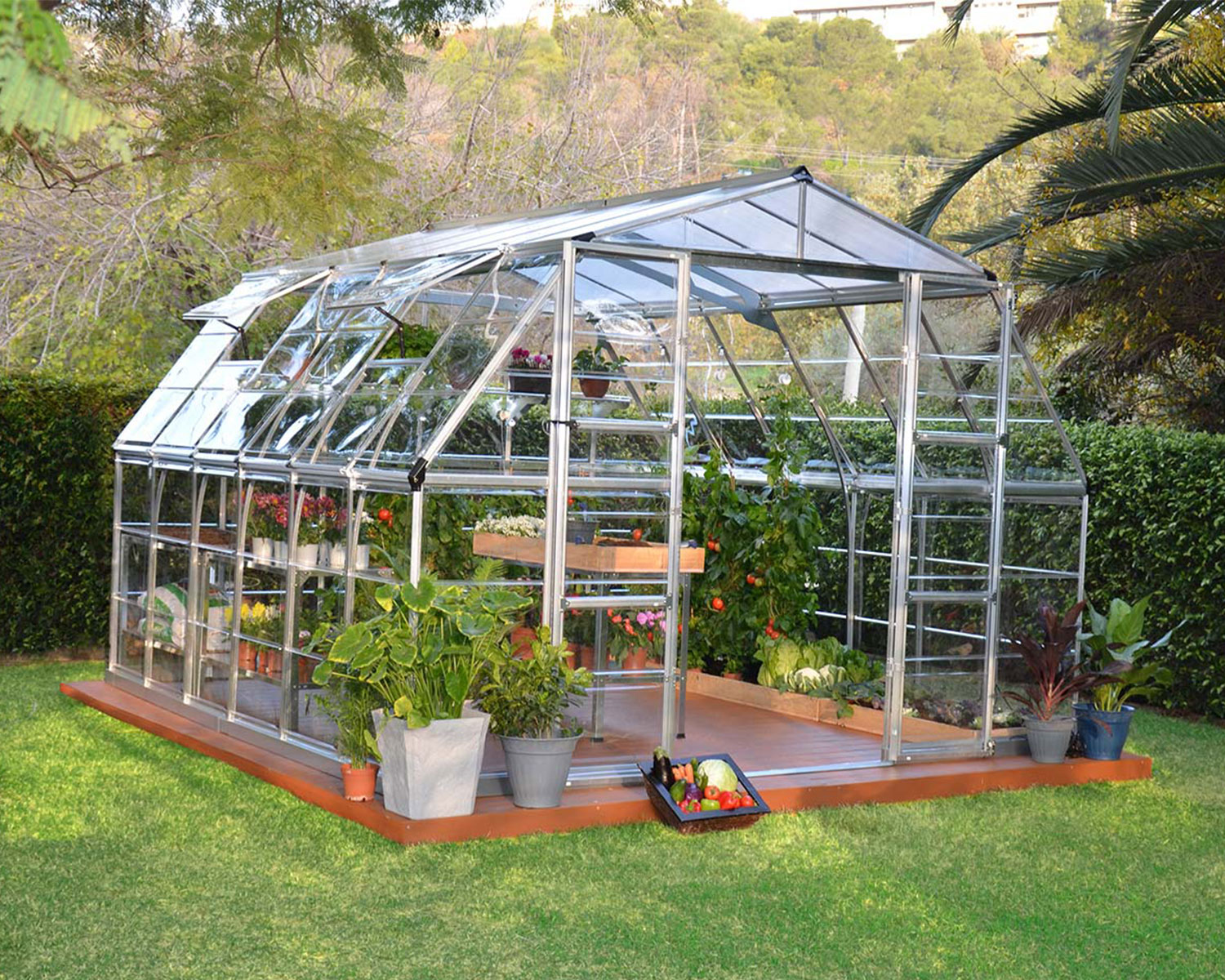 Greenhouse Kit 12 ft. x 12 ft double door Americana full of plants Silver Structure &amp; Clear Panels