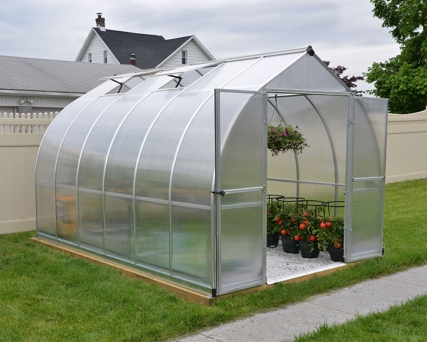 Bella 8 ft. x 12 ft. Greenhouse Grey Structure &amp; Twin Wall Panels open door side view