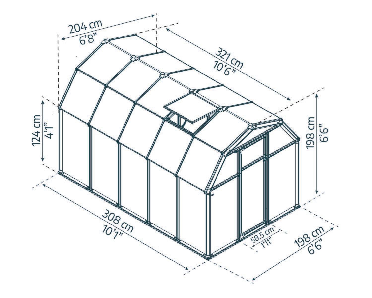 Green EcoGrow 6x10 greenhouse with a green frame and polycarbonate panels, in a garden setting sketch