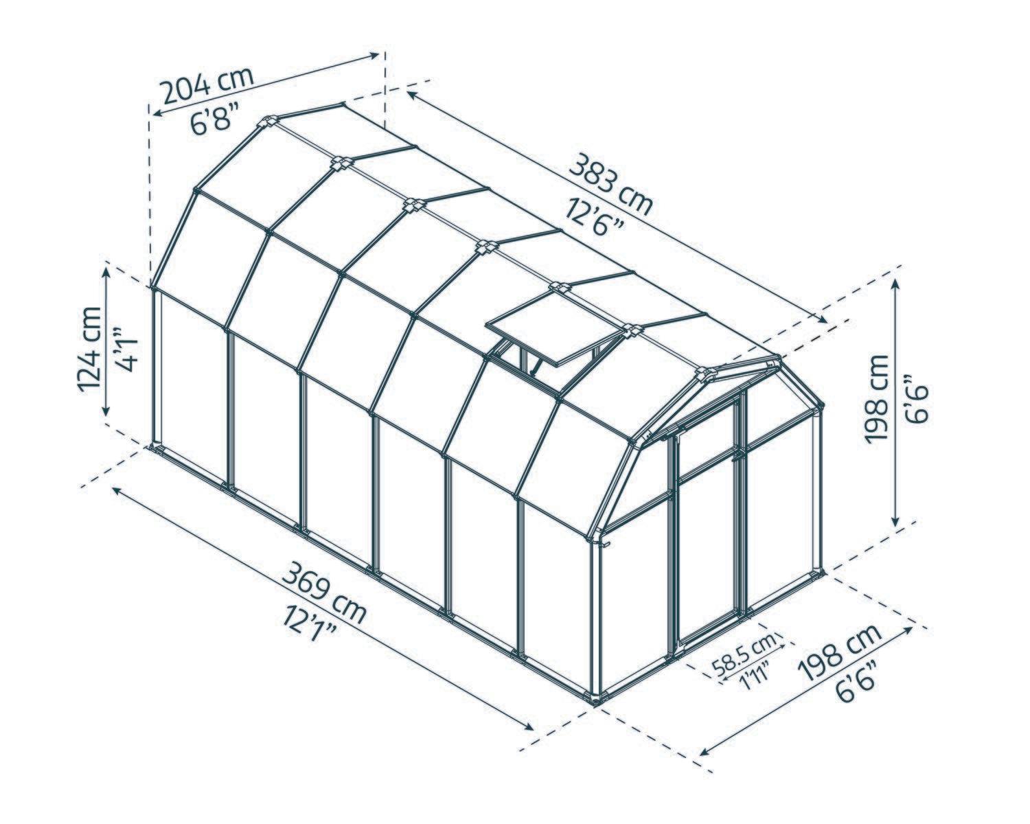 EcoGrow 6x12 greenhouse with a green frame and polycarbonate panels, nestled in a flourishing garden sketch