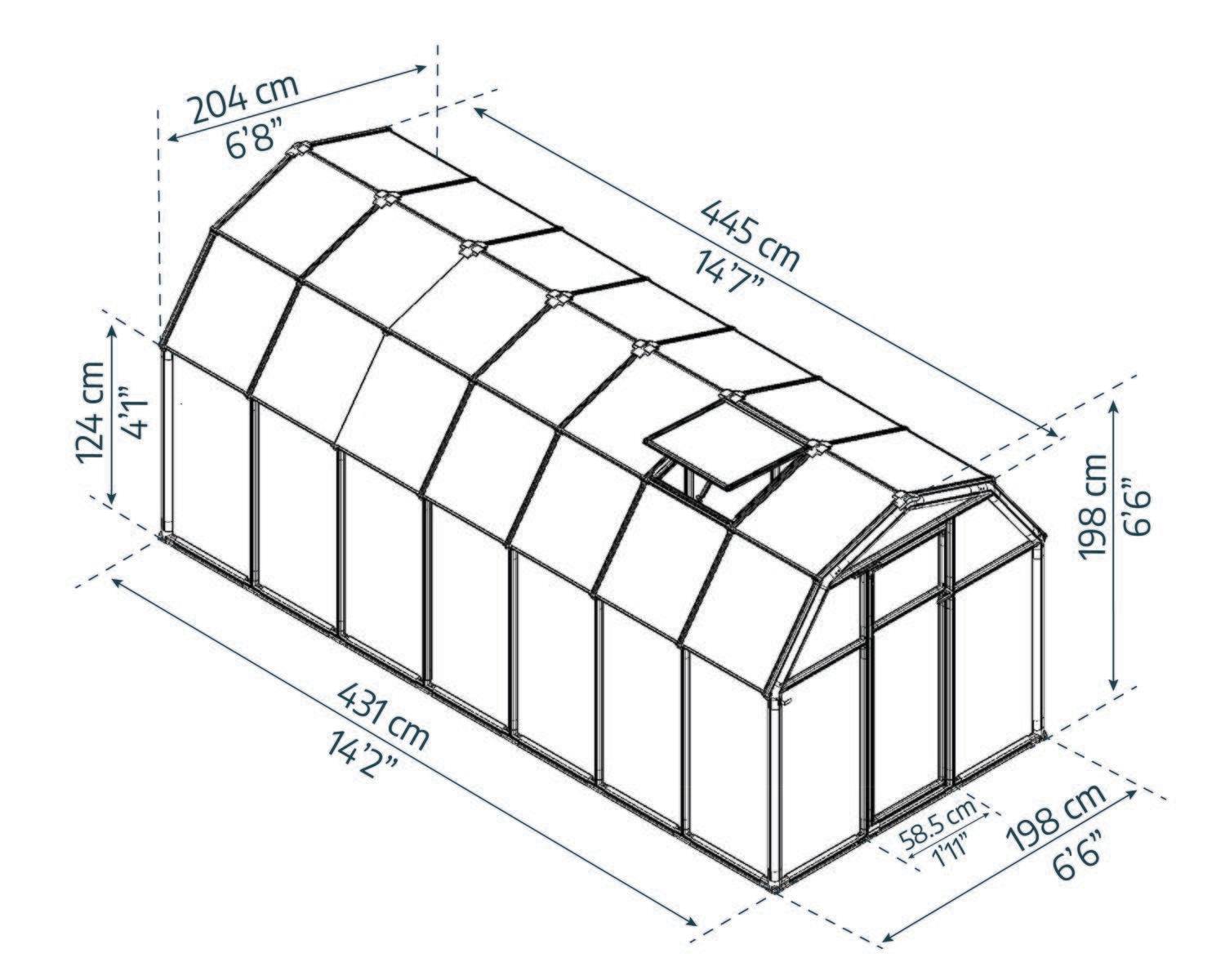 EcoGrow 6x14 greenhouse with a green frame and polycarbonate panels, set in a lush garden sketch
