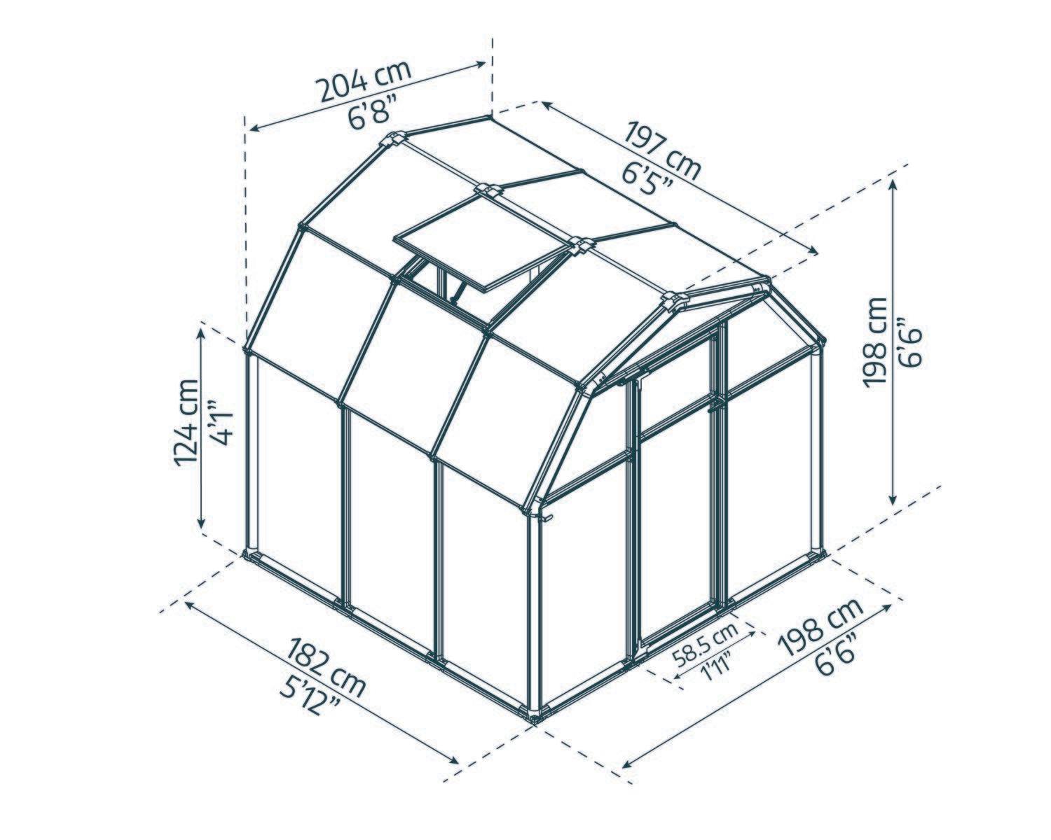 EcoGrow 6x6 green greenhouse with polycarbonate panels, set in a garden next to two people sitting at a table with snacks sketch
