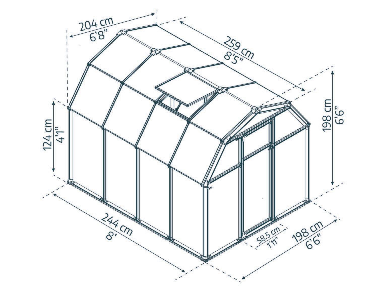 EcoGrow 6x8 greenhouse with a green frame and polycarbonate panels, set in a vibrant garden sketch