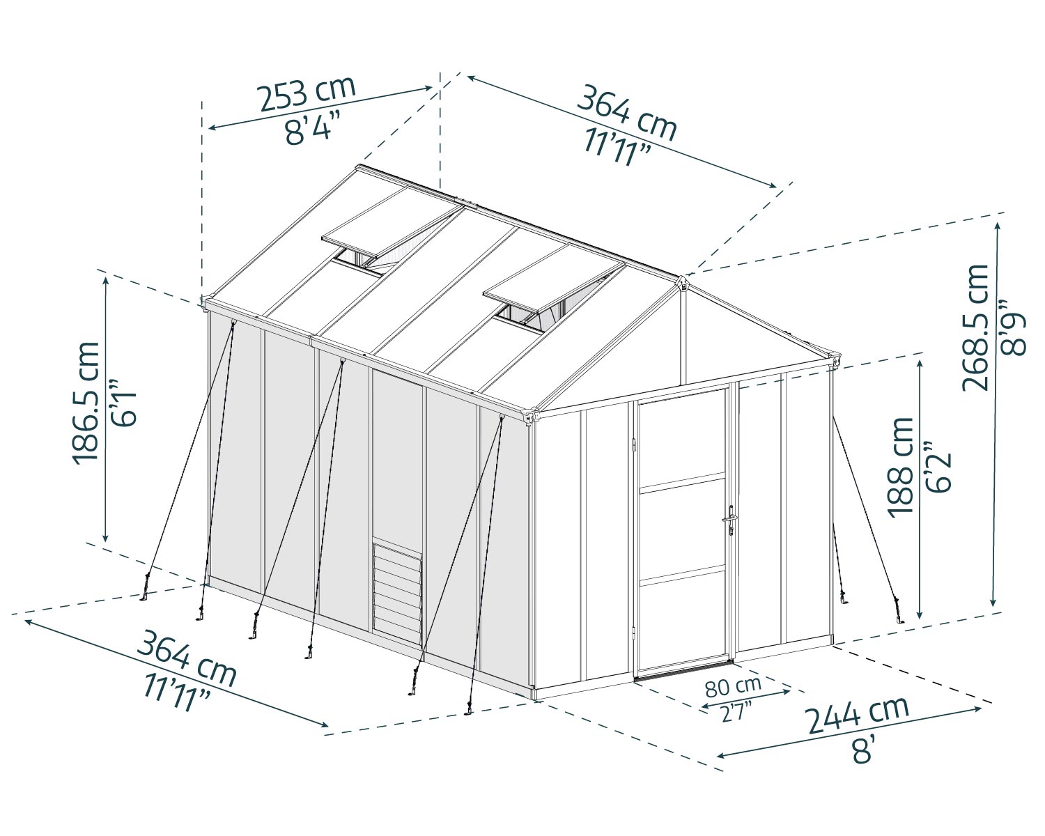 Glory 8ft x 12ft greenhouse featuring a grey frame, multi-wall polycarbonate panels, and vibrant plants inside, nestled in a garden setting sketch