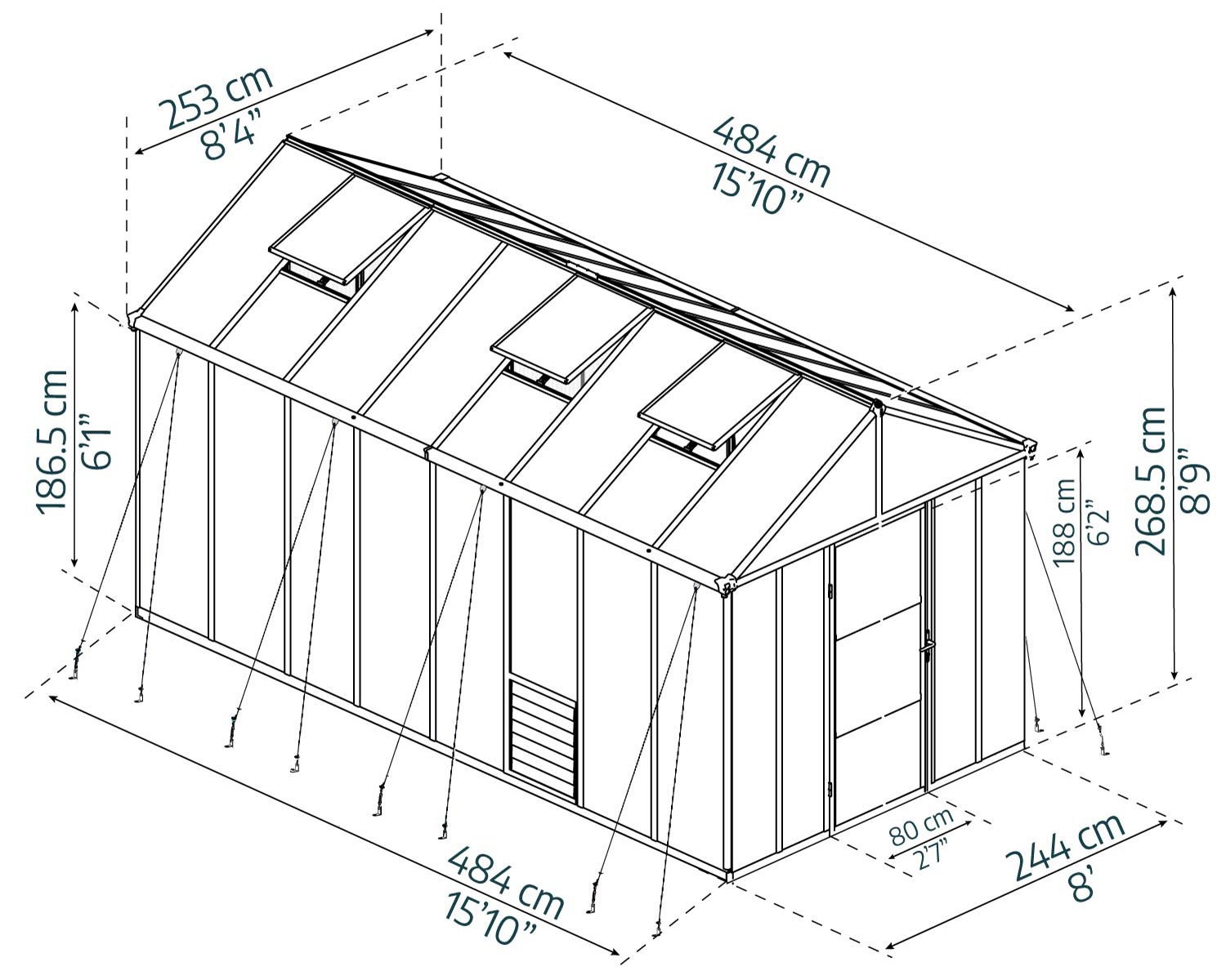 Glory 8ft x 16ft greenhouse with a grey frame, polycarbonate panels, and thriving plants in a lush garden sketch