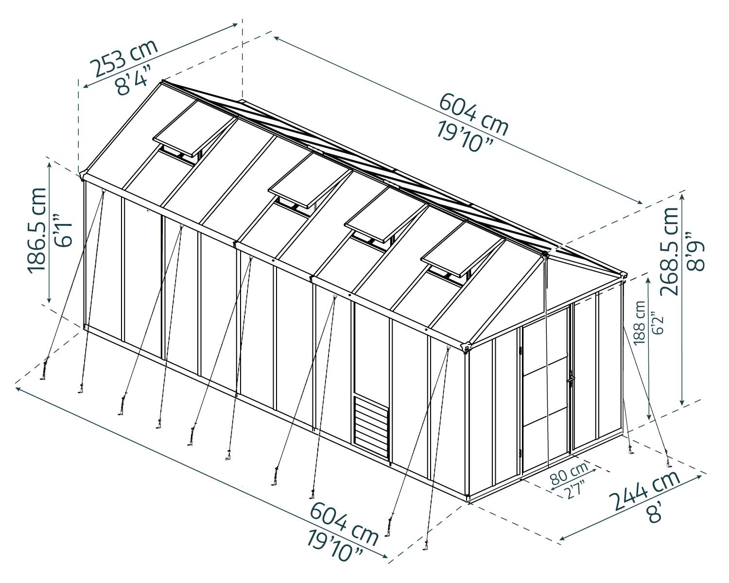 Spacious Glory 8ft x 20ft grey greenhouse with polycarbonate panels and aluminum frame in a garden setting sketch