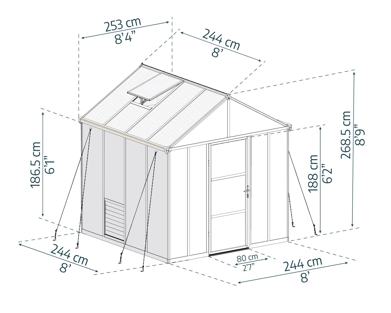 Glory 8ft x 8ft greenhouse with a grey frame, polycarbonate panels, and plants inside, set in a garden sketch