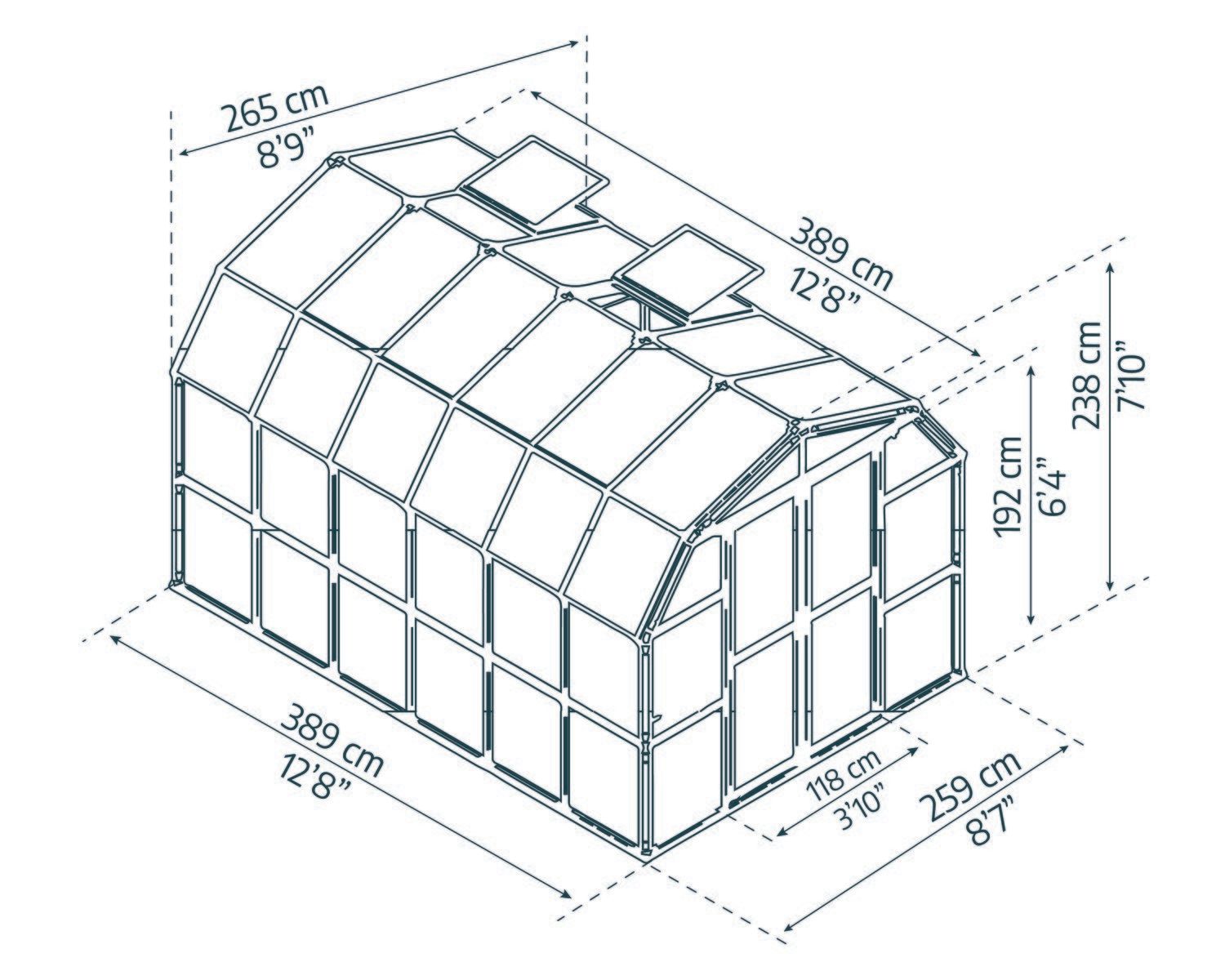 Clear 8ft x 12ft Prestige greenhouse with a sturdy aluminum frame, polycarbonate panels, and double doors, set in a garden with greenery sketch