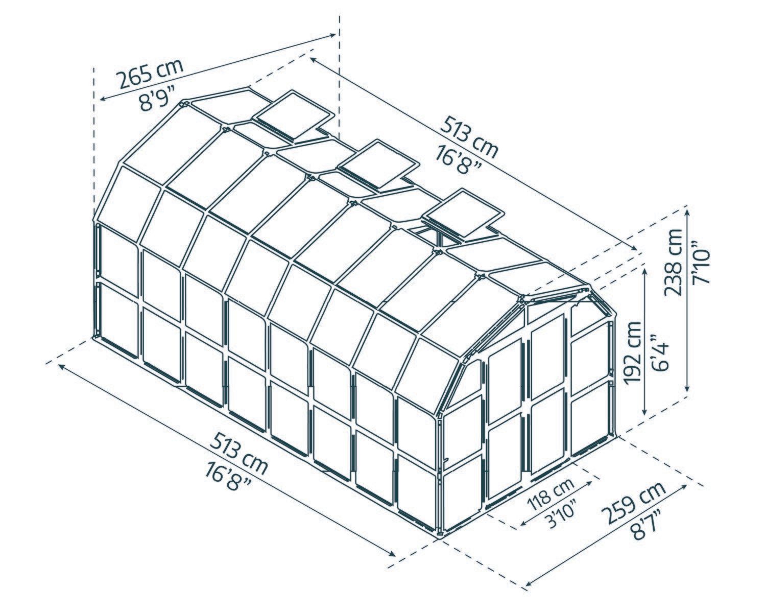 Clear 8ft x 16ft green Prestige greenhouse with double doors, aluminum frame, and polycarbonate panels, set in a garden with plants sketch