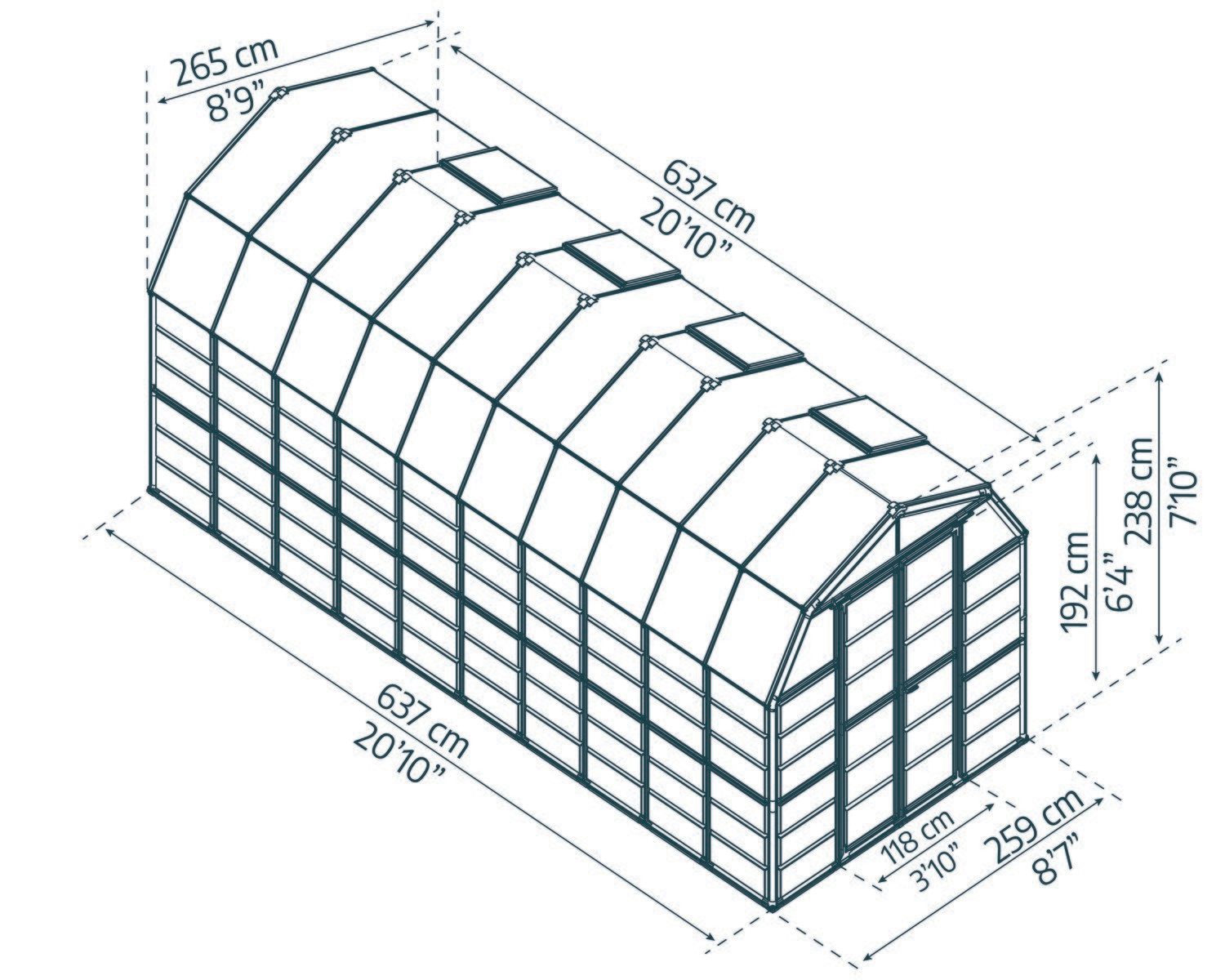 Clear 8ft x 20ft Prestige greenhouse with double doors, aluminum frame, and polycarbonate panels, nestled in a lush garden sketch