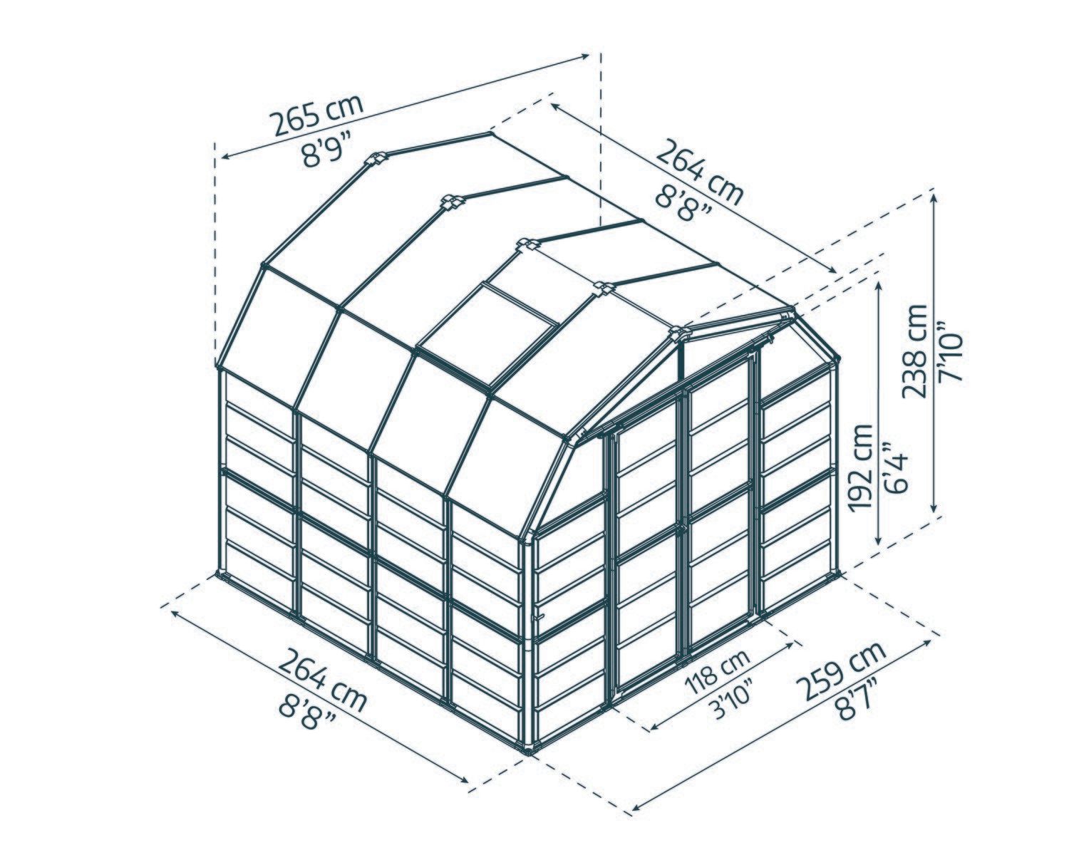 Opaque Prestige 8ft x 8ft greenhouse with a durable aluminum frame, featuring translucent panels, set in a garden with plants inside sketch