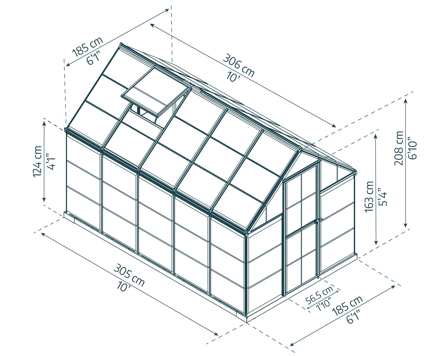 Harmony 6ft x 10ft greenhouse with a clear frame and polycarbonate panels, filled with plants, in a lush garden with flowering plants sketch