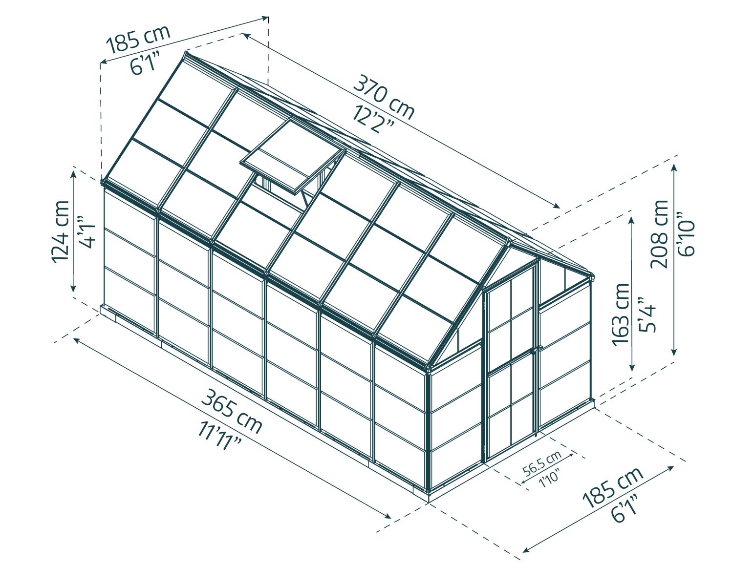 Harmony 6ft x 12ft greenhouse with a clear frame and polycarbonate panels, filled with plants, set in a garden sketch