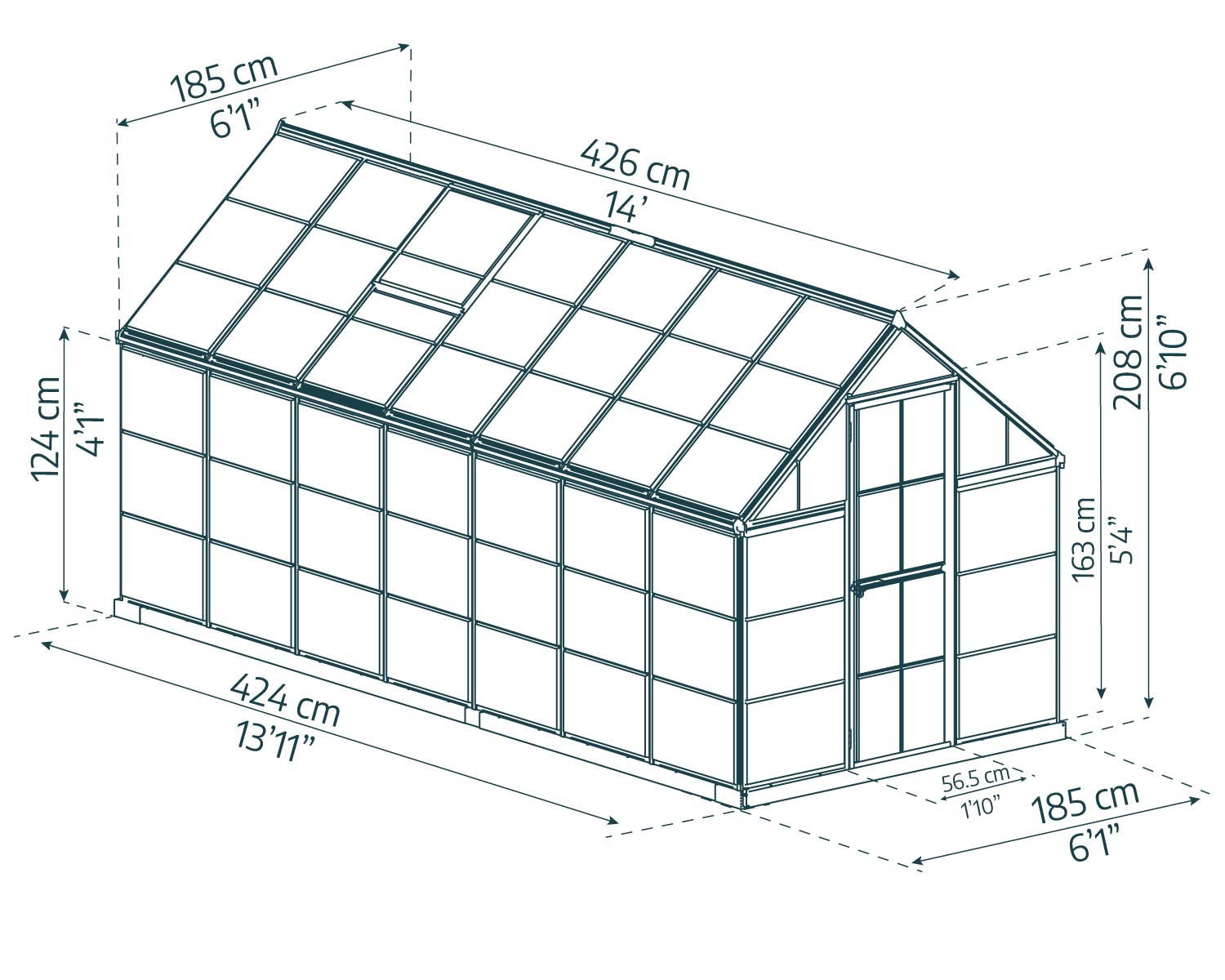 Harmony 6ft x 14ft grey greenhouse with a clear frame and polycarbonate panels, filled with plants in a lush garden sketch