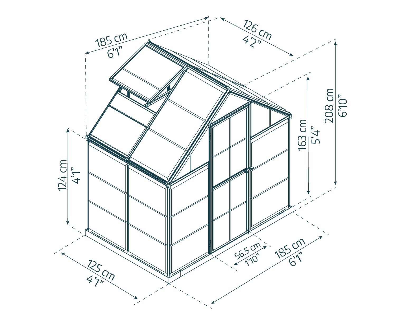 Harmony 6ft x 4ft greenhouse with a clear frame and polycarbonate panels, filled with plants in a sunny backyard with a fence sketch
