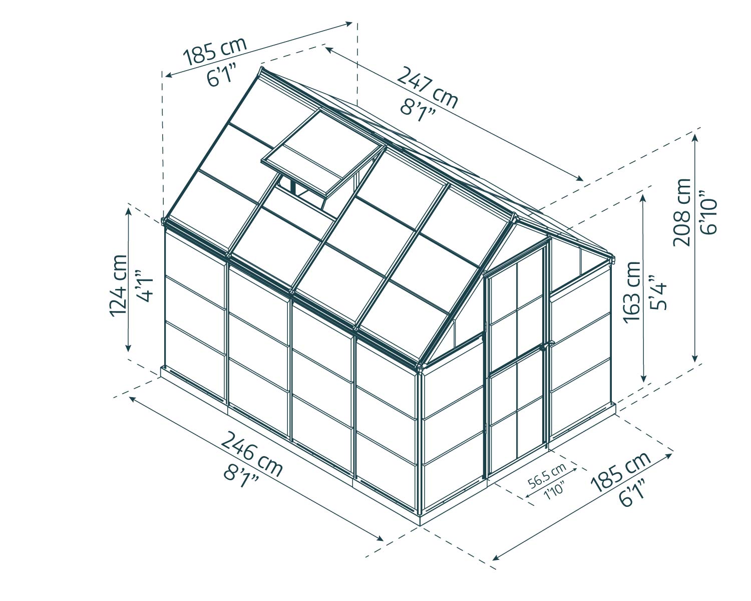 Harmony 6ft x 8ft greenhouse with a clear frame and polycarbonate panels, brimming with plants, placed in a lush garden sketch
