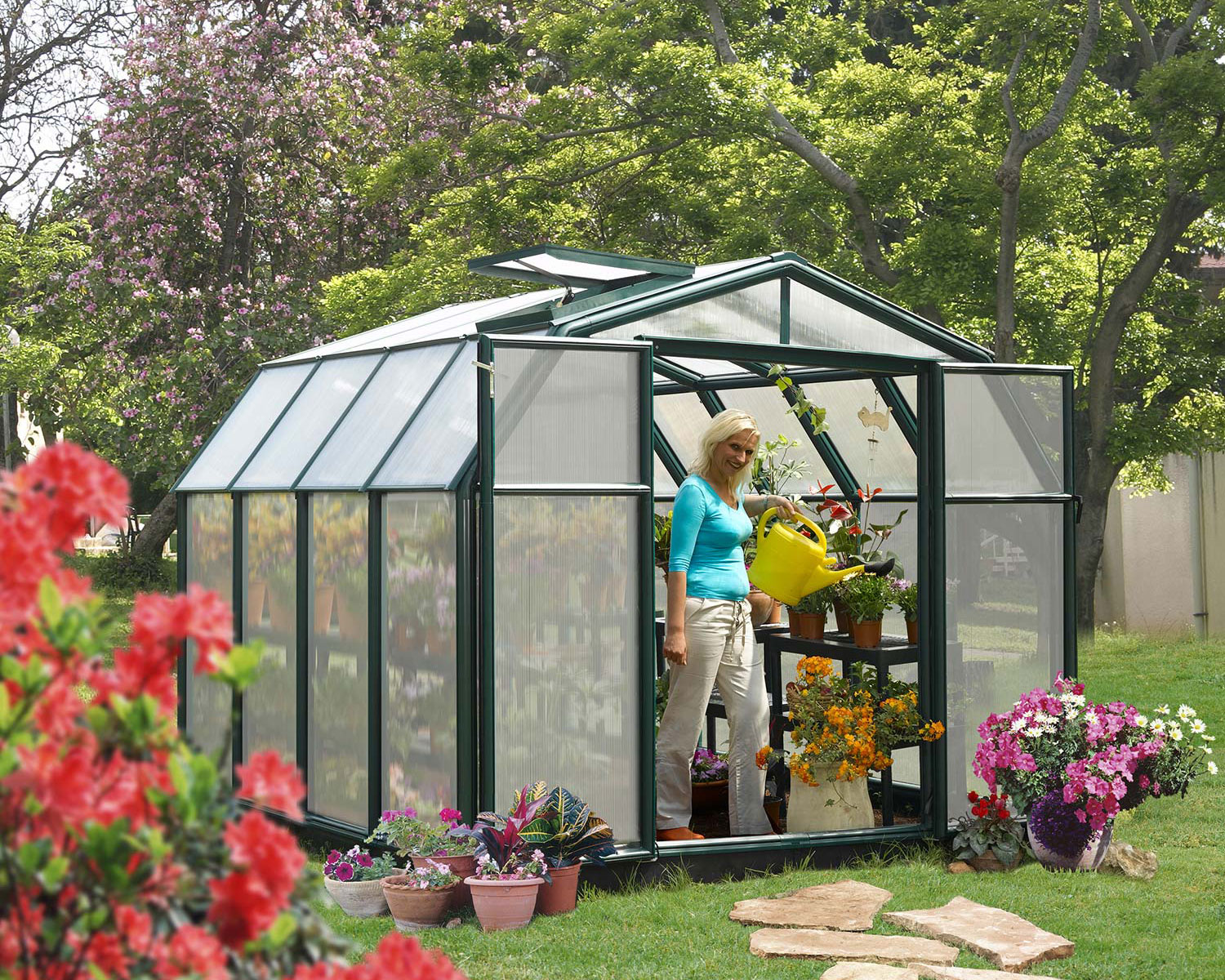 Greenhouse Hobby Gardener 8' x 8' Green Structure & Twinwall Glazing