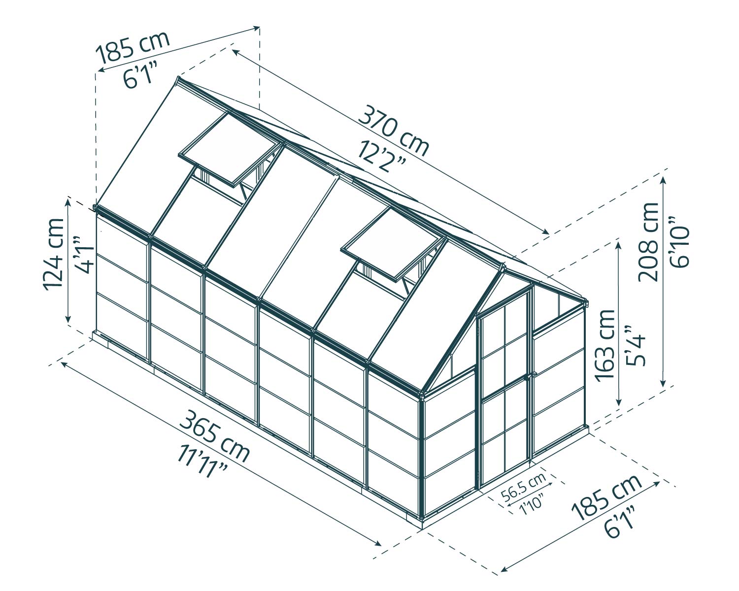 6ft x 12ft Hybrid greenhouse with polycarbonate panels and aluminum frame, featuring plants on shelves and a basket of vegetables sketch