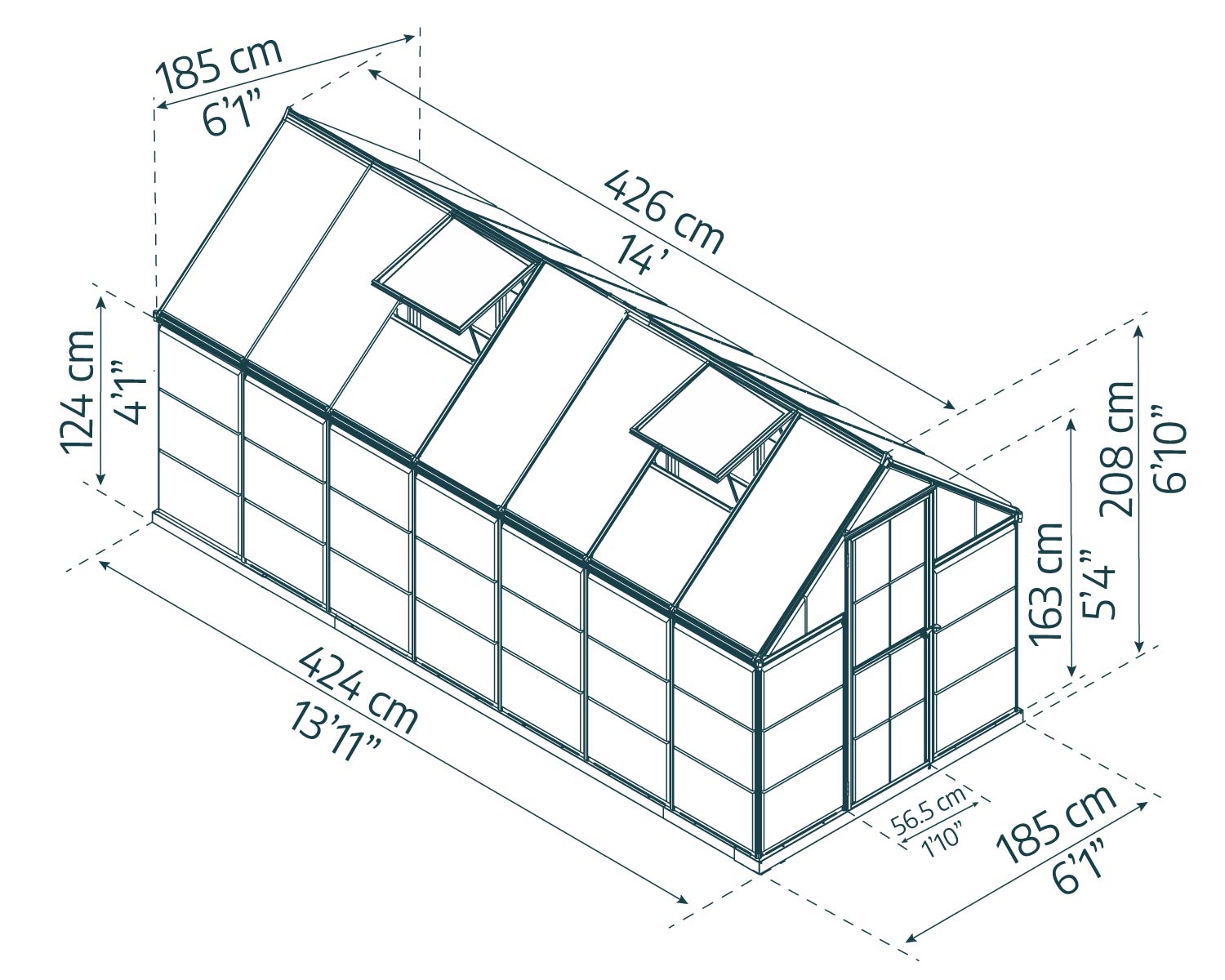 6ft x 14ft Hybrid silver greenhouse with polycarbonate panels and an aluminum frame, brimming with plants, located beside a house sketch