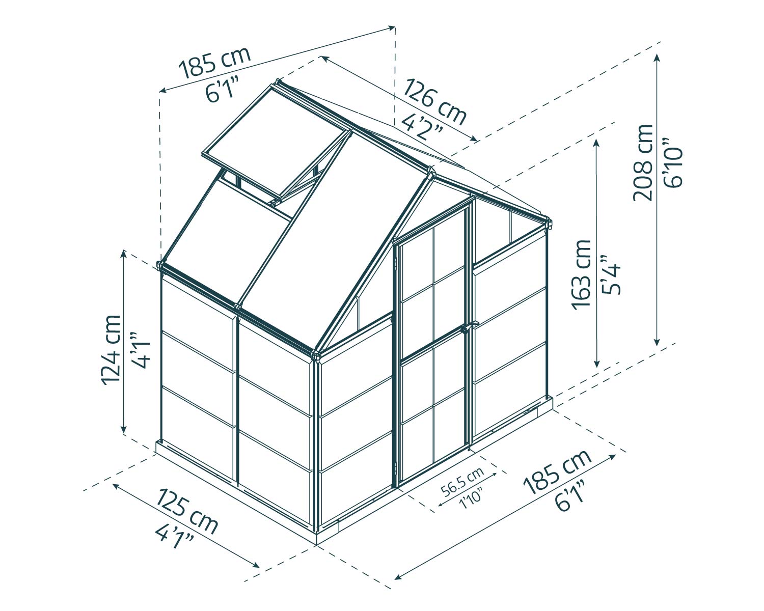 Hybrid 6ft x 4ft greenhouse with a sturdy aluminum frame and clear polycarbonate panels, set in a garden with plants sketch