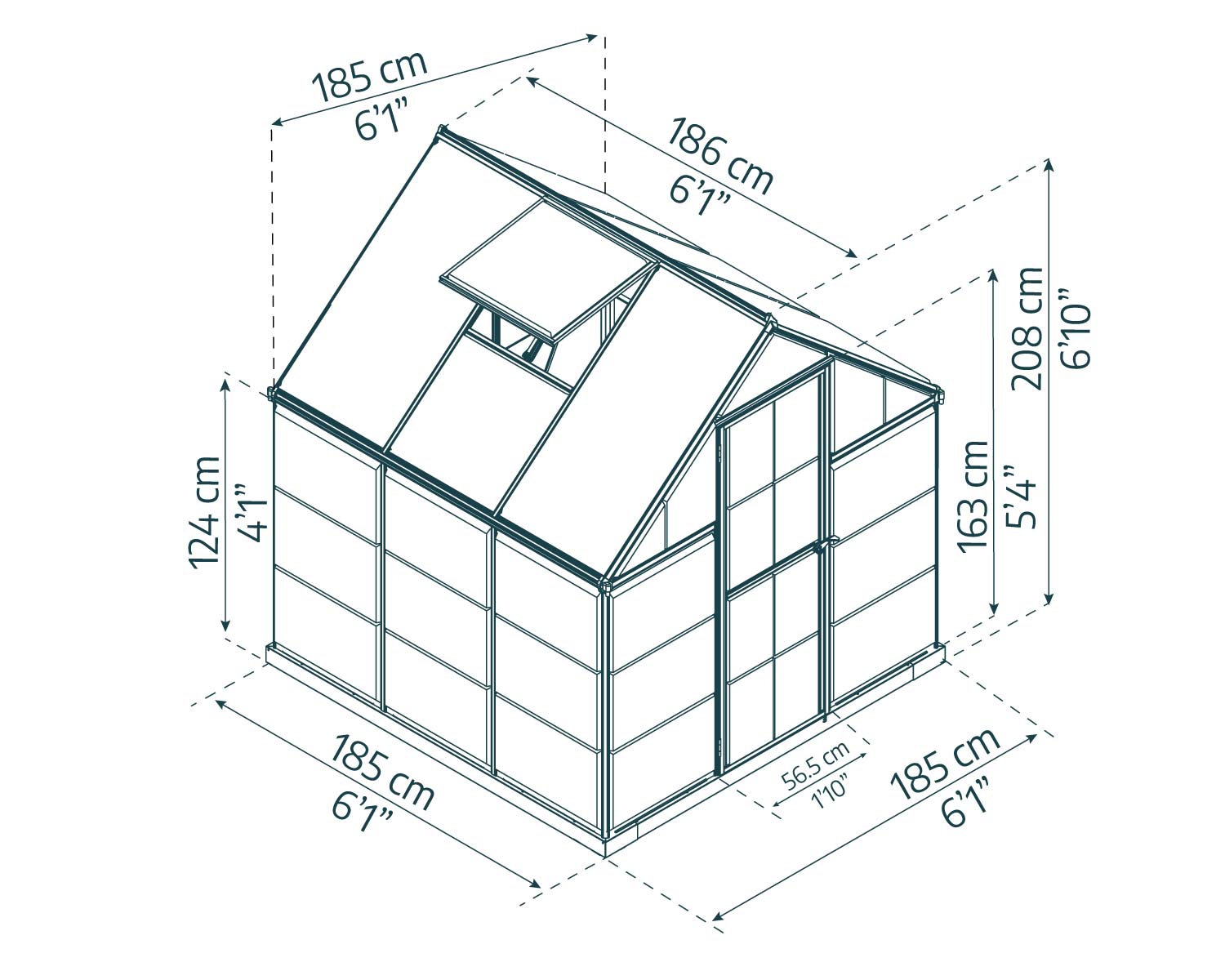 6ft x 6ft Hybrid greenhouse with aluminum frame and polycarbonate panels, filled with flowers, in a garden with a wooden fence sketch
