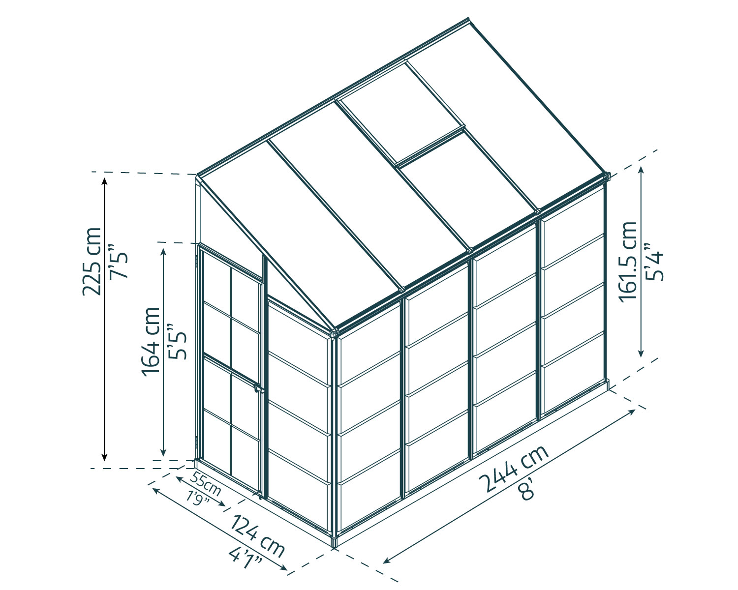 Lean-To GrowHouse 8ft x 4ft silver greenhouse with clear polycarbonate panels, mounted against a wall to optimize space sketch