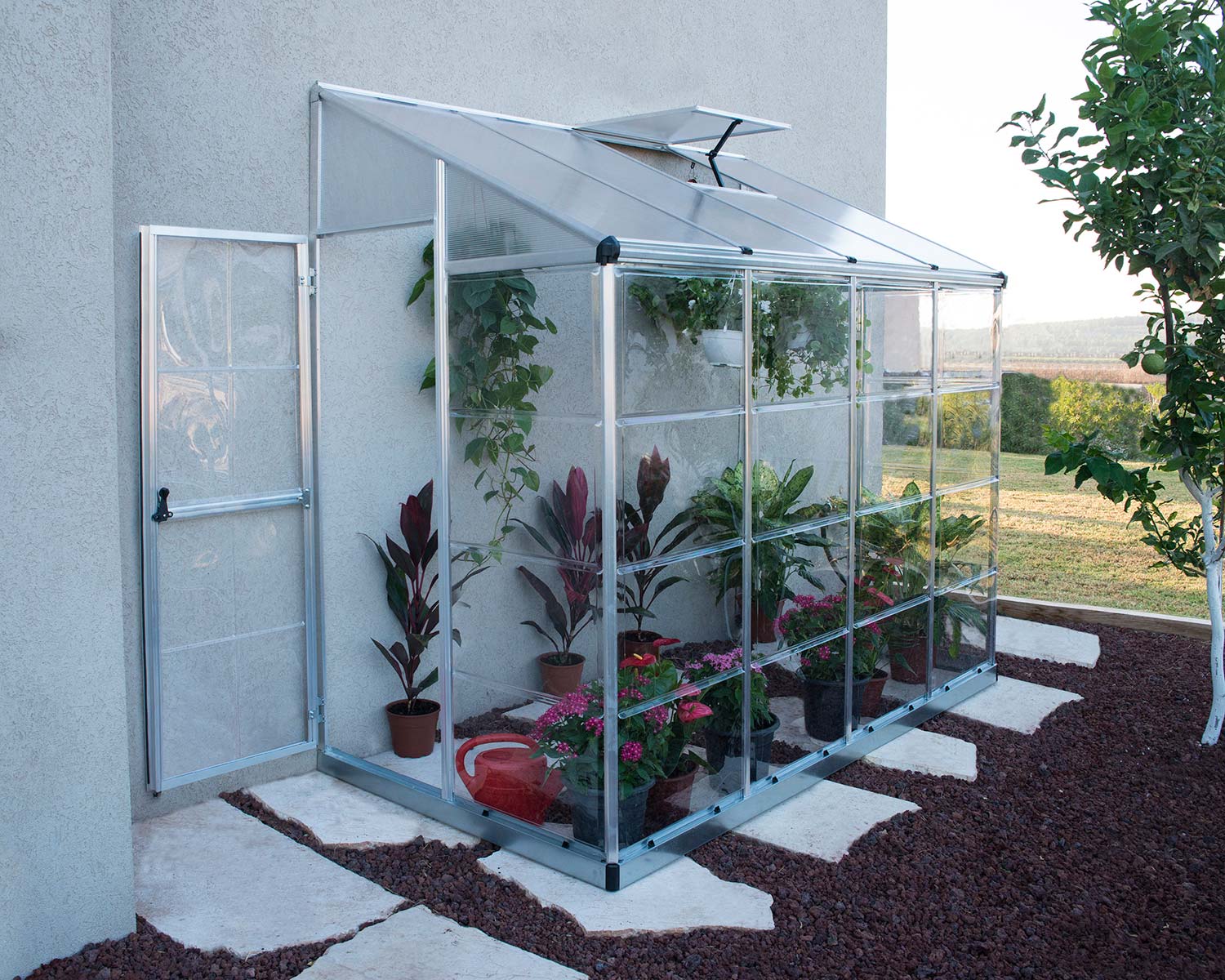 Lean To Greenhouse 8&#039; x 4&#039; Kit - Silver Structure &amp; Polycarbonate Panels