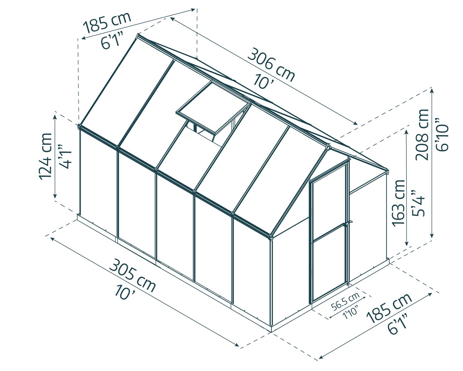 6ft x 10ft grey Mythos greenhouse with a sturdy aluminum frame and clear polycarbonate panels, located in a lush garden surrounded by trees sketch