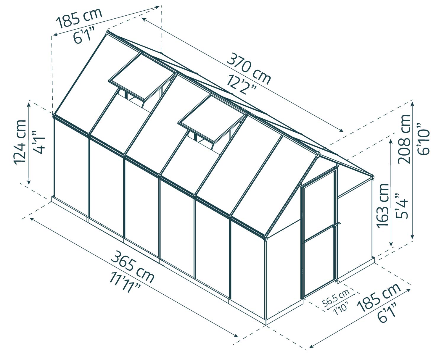 6ft x 12ft green Mythos greenhouse with a robust aluminum frame and clear polycarbonate panels, set within a garden full of plants and greenery sketch