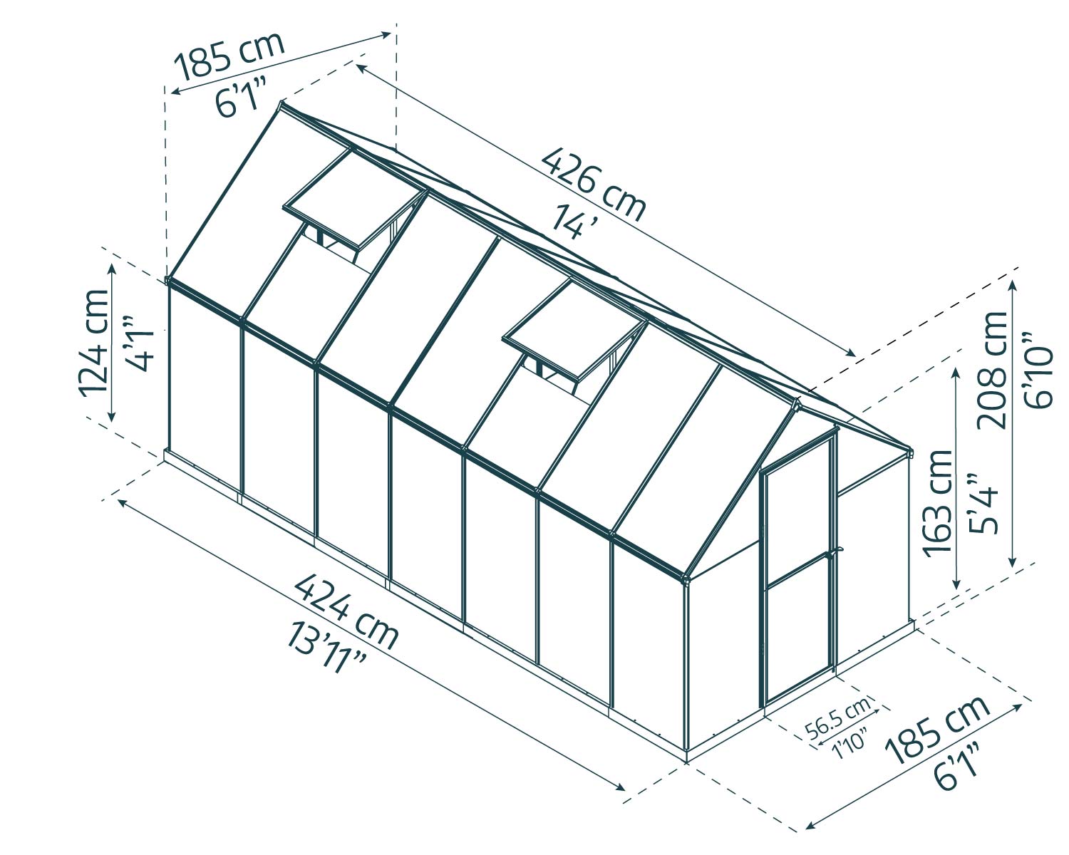 Spacious 6ft x 14ft green Mythos greenhouse with an aluminum frame and clear polycarbonate panels, situated in a lush garden sketch