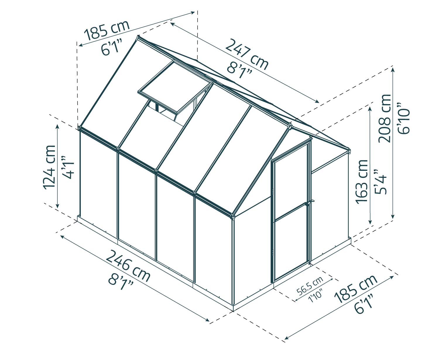 6ft x 8ft grey Mythos greenhouse with a durable aluminum frame and clear polycarbonate panels, set in a garden with plants and greenery sketch