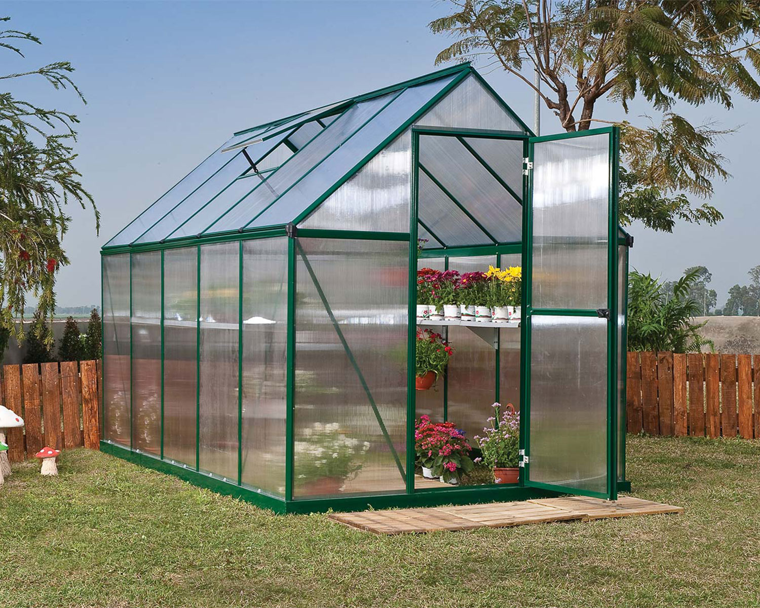 Greenhouse Mythos 6' x 10' Kit -Grey Structure & Twinwall Panels on beckyard lawn