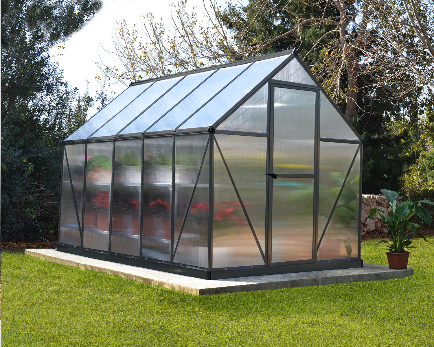 Greenhouse Mythos 6&#039; x 10&#039; Grey Structure &amp; Twinwall Panels on beckyard lawn