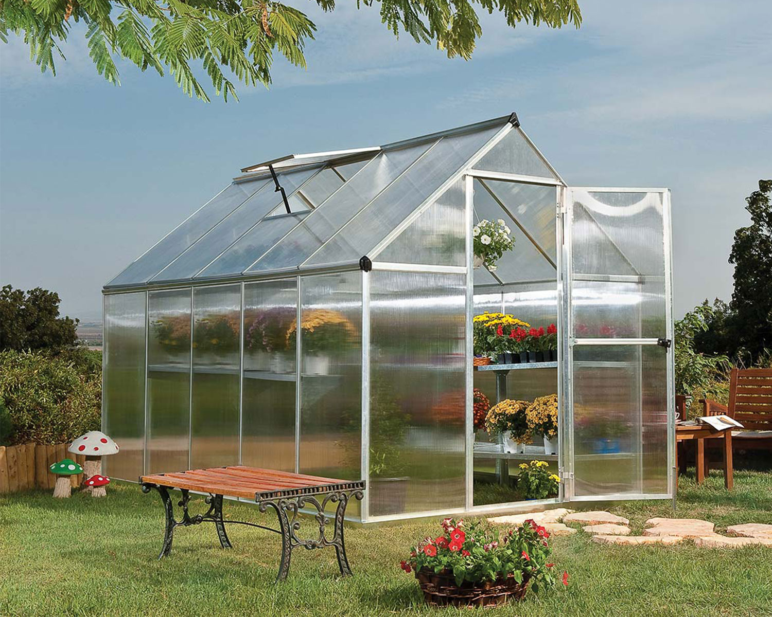 Mythos 6 ft. x 10 ft. Greenhouse Silver Structure &amp; Twinwall Panels on beckyard lawn