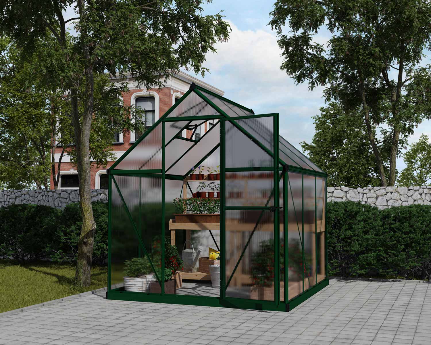 Greenhouse Mythos 6&#039; x 6&#039; Green Structure &amp; Twinwall Panels outside on a lawn