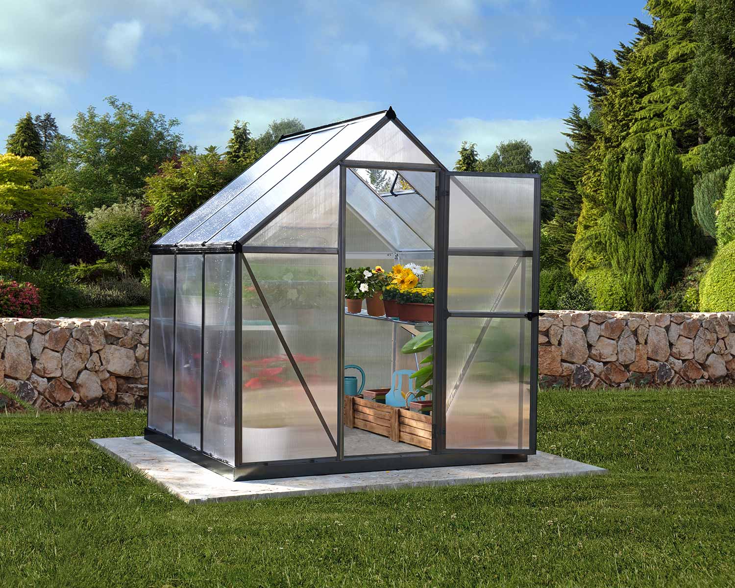 Mythos 6 ft. x 6 ft. Greenhouse Grey Structure &amp; Twinwall Panels outside on a lawn