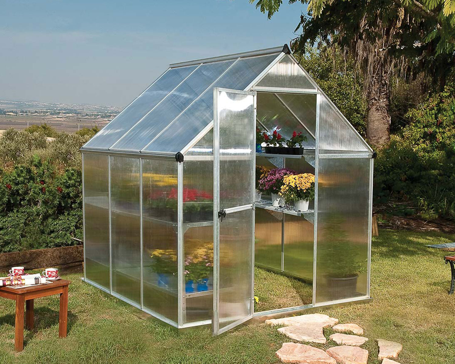 Greenhouse Mythos 6&#039; x 6&#039; Silver Structure &amp; Twinwall Panels outside on a lawn