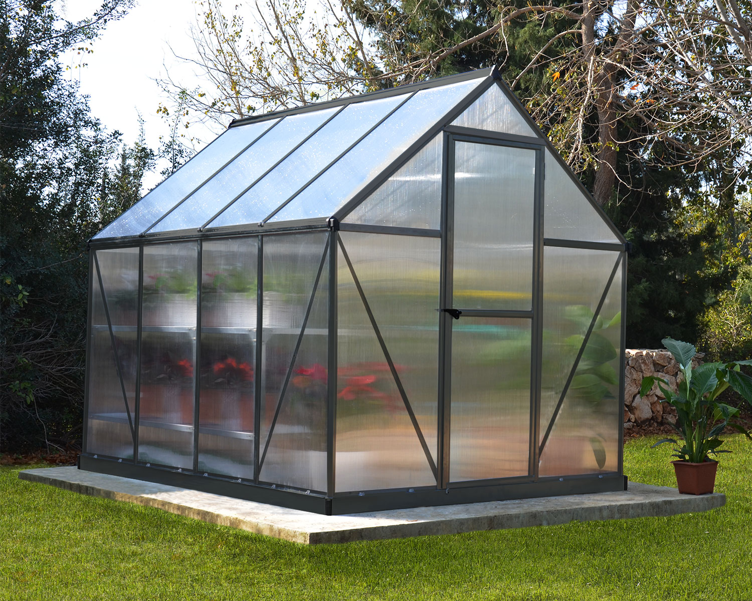 Mythos 6 ft. x 8 ft. Greenhouse Grey Structure &amp; Twinwall Panels outside on a lawn