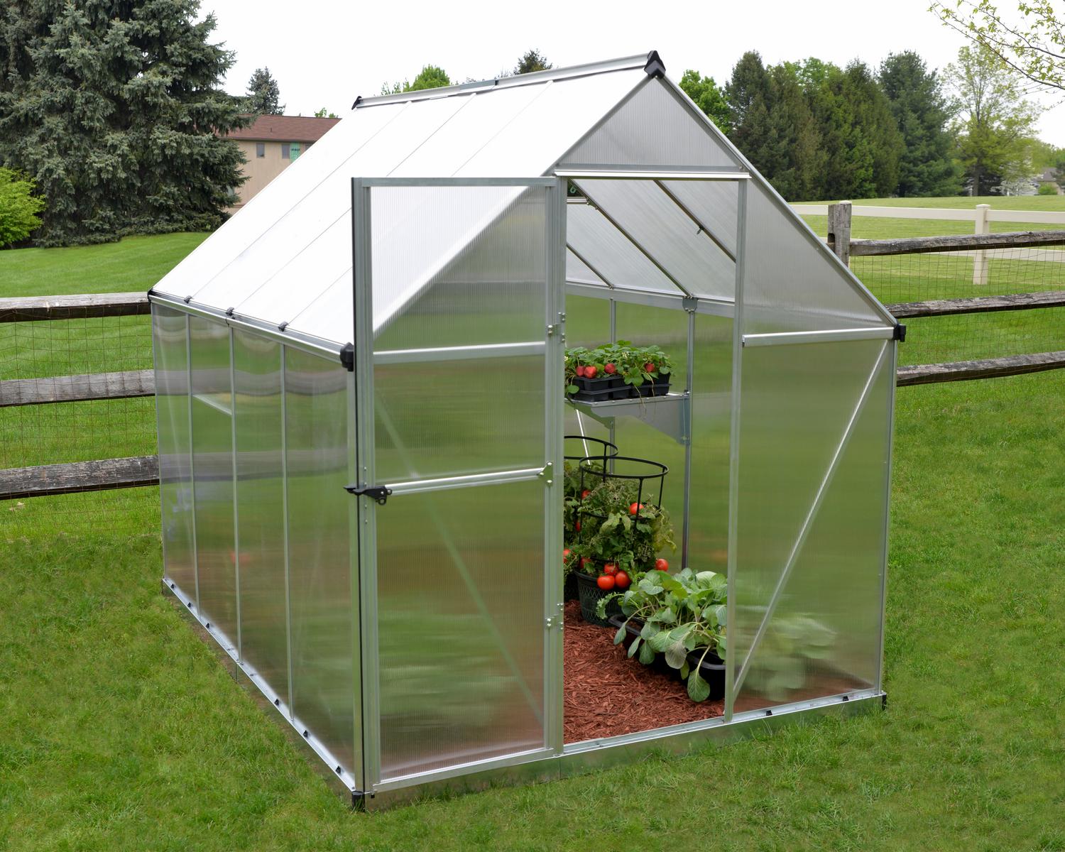 Mythos 6&#039; x 8&#039; Greenhouse Silver Structure &amp; Twinwall Panels Outside on a Lawn