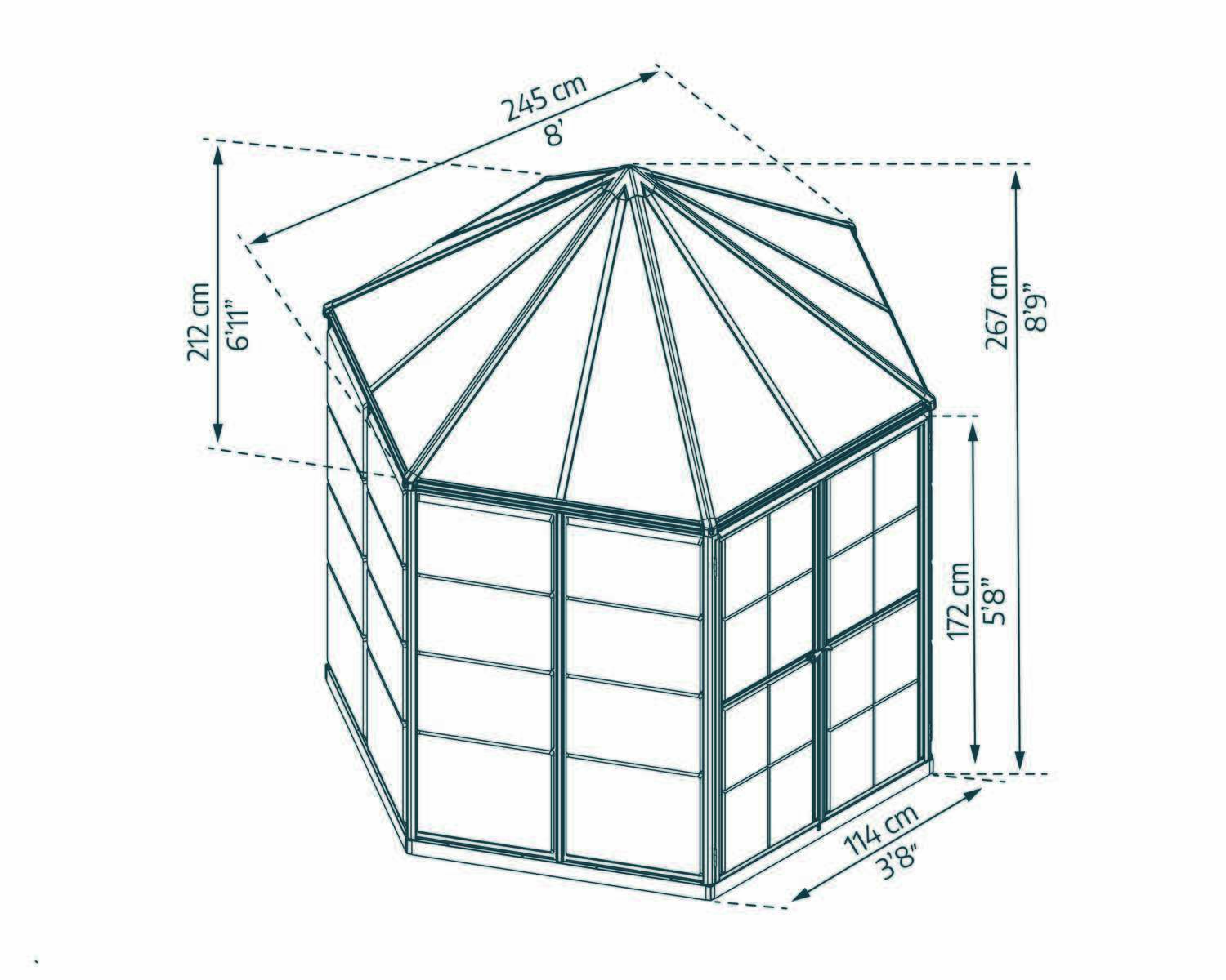 Oasis 8ft greenhouse with a sleek silver frame and clear polycarbonate panels, offering ample space for plant growth sketch