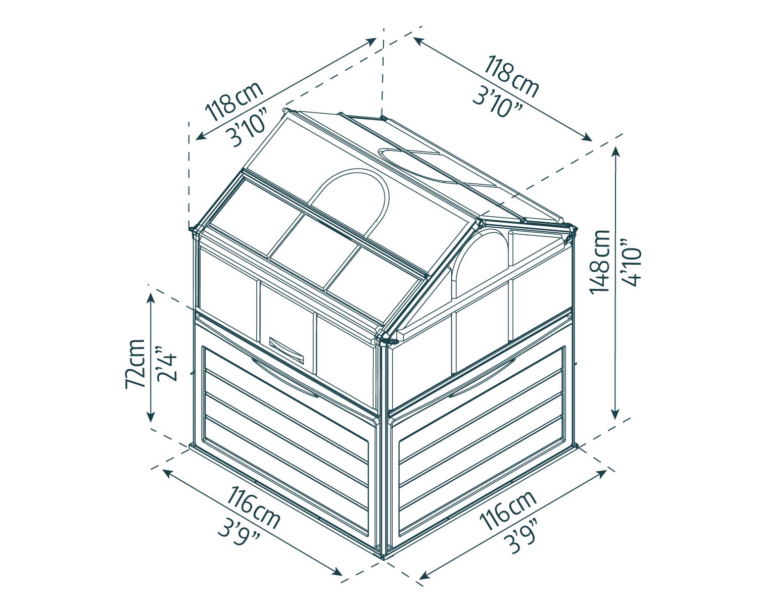Plant Inn 4ft x 4ft silver greenhouse with twin-wall polycarbonate panels, surrounded by colorful flowers and plants sketch