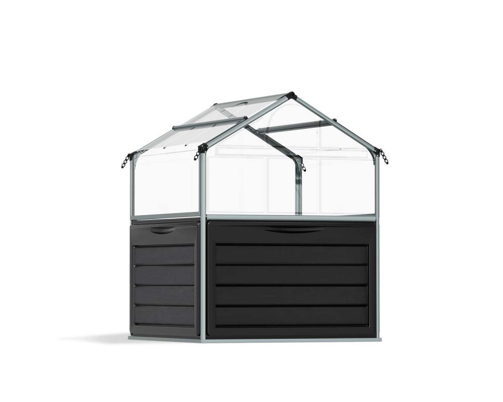 4ft x 4ft silver Plant Inn greenhouse with clear polycarbonate panels and a compact, durable design