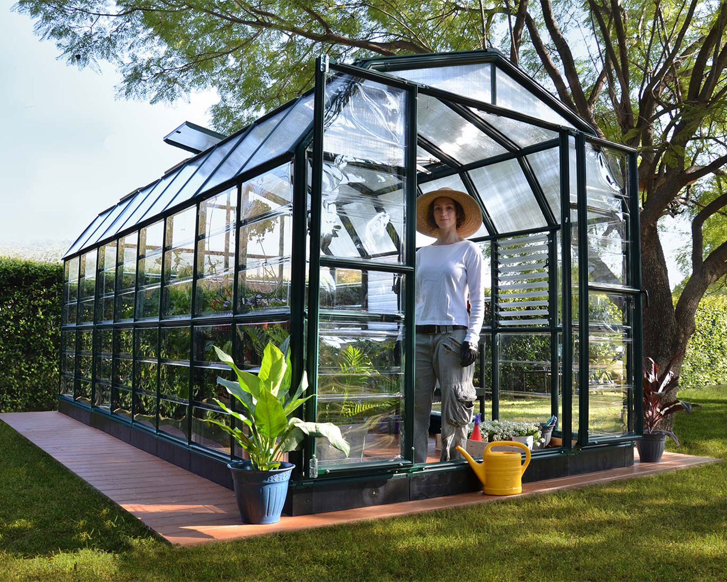 Greenhouse Prestige 8 ft. x 16 ft. Green Structure &amp; Clear Wall Panels standing inside