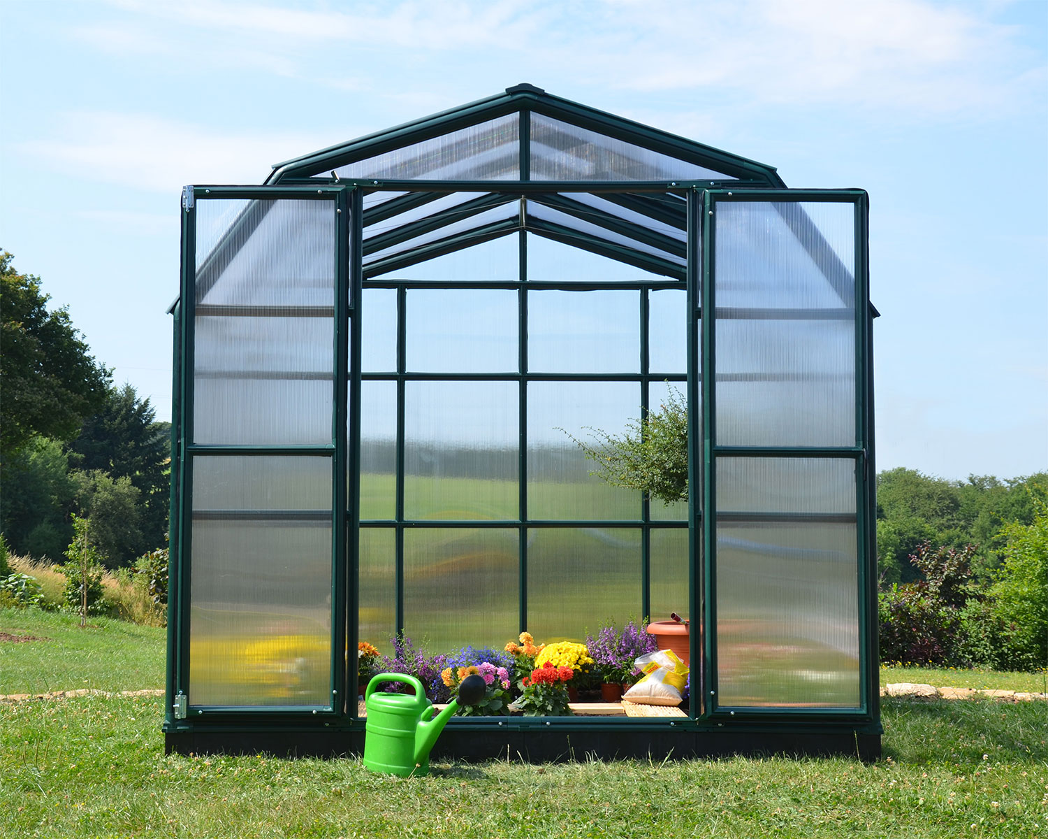 Greenhouse Prestige 8 ft. x 8 ft. Green Structure &amp; Twin Wall Panels open door front view