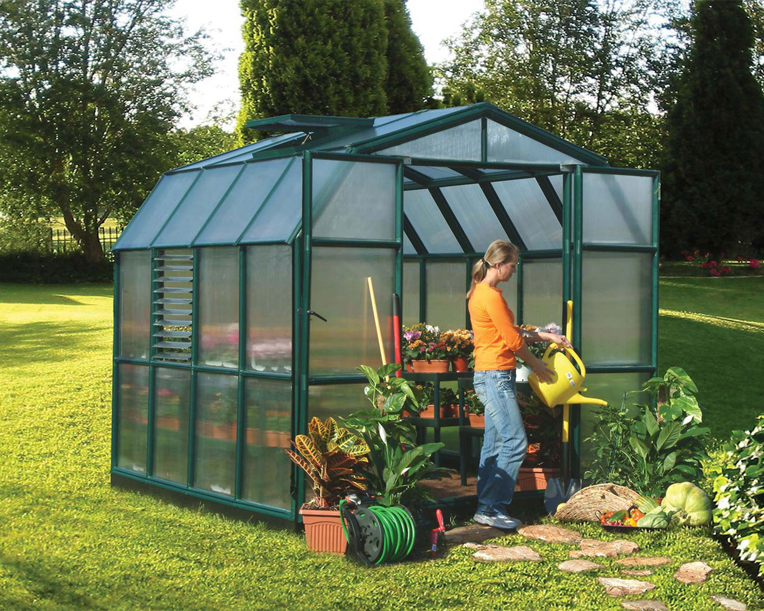 Prestige 8 ft. x 8 ft. Greenhouse Green Structure &amp; Twin Wall Panels growing plants